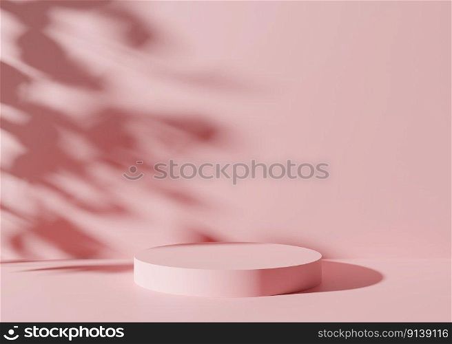 Pink podium with leaves shadows on the pink background. Elegant podium for product, cosmetic presentation. Mock up. Pedestal or platform for beauty products. Empty scene. 3D rendering. Pink podium with leaves shadows on the pink background. Elegant podium for product, cosmetic presentation. Mock up. Pedestal or platform for beauty products. Empty scene. 3D rendering.