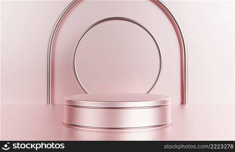 Pink podium with silver color metallic for product advertising template background. Object and abstract concept. 3D illustration rendering