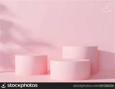 Pink podiums set with leaves shadows on the pink background. Elegant podiums for product, cosmetic presentation. Mock up. Pedestal or platform for beauty products. Empty scene. 3D rendering. Pink podiums set with leaves shadows on the pink background. Elegant podiums for product, cosmetic presentation. Mock up. Pedestal or platform for beauty products. Empty scene. 3D rendering.