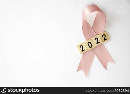 Pink ribbon with 2022 text isolated on white background, Cancer awareness, womans health, new year concept with copy space space for text. Pink ribbon with 2022 text isolated on white background, Cancer awareness, womans health, new year concept with copy space