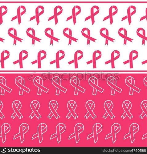 Pink ribbons seamless borders. Pink ribbons seamless borders vector illustration. Breast cancer awareness symbol patterns