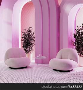 Pink room with neon lighh and arches with plant in pot, design chairs with coffee table with glasses with water, 3d rendering