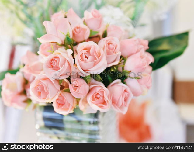 pink rose flower / soft color pink roses blooming spring bouquet on table blur background
