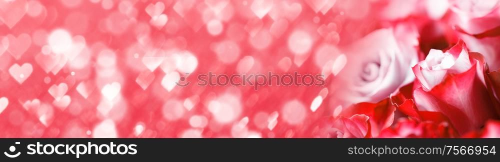 Pink rose flowers heart background with copy space for text. Pink rose flowers background