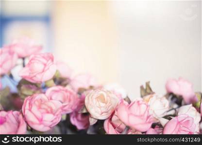 Pink rose in soft focus with blurred background . Wedding, valentine and love concept background.