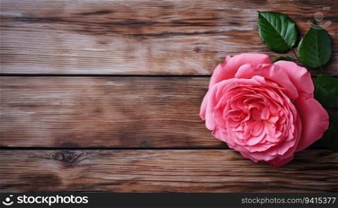 Pink rose on wooden background. Top view with copy space for your text.