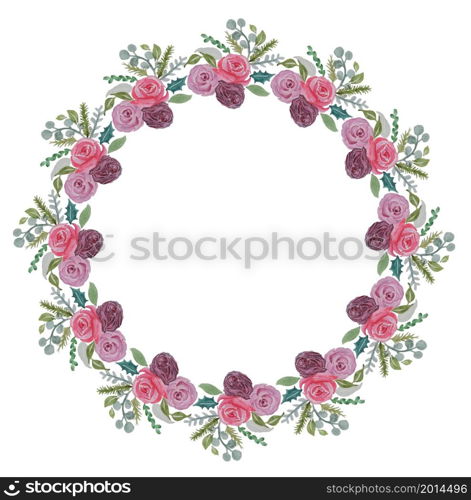 Pink rose watercolor wreath green leaves on white stock vector illustration