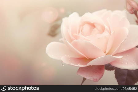 Pink rose with water droplets on a blurred background. Created using AI Generated technology and image editing software.