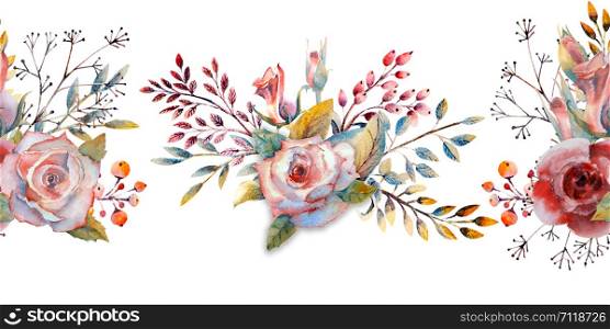 Pink roses, buds, leaves. Repeating summer horizontal border. Floral watercolor. Watercolor compositions for the design of greeting cards or invitations. Illustration. Pink roses, buds, leaves. Repeating summer horizontal border. Floral watercolor. Watercolor compositions for the design of greeting cards or invitations. Illustration.