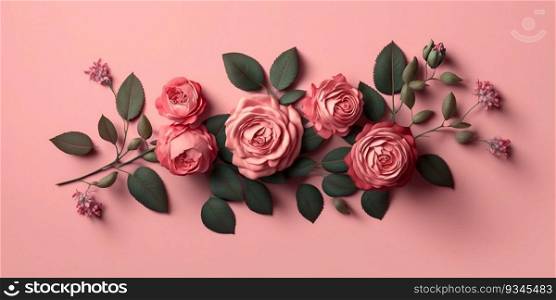 Pink roses flowers on pink background. Spring greeting card. Flat lay, top view. Generative AI