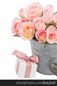  pink roses in metal pot with gift box  isolated on white background. Heart with pink roses