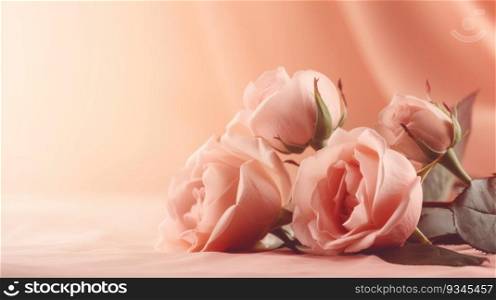 Pink roses lying on blush fabric with matching curtain background. Created using AI Generated technology and image editing software.