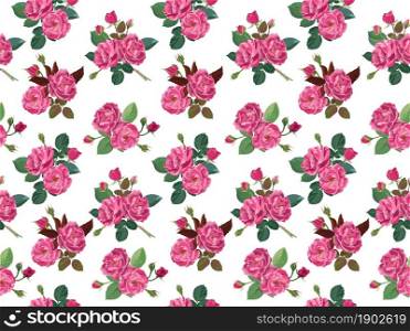 Pink roses or peonies bushes with flourishing and leaves. Blooming flora in rows, spring or summer decoration. Trendy background or print. Floral growth. Seamless pattern, vector in flat style. Bushes of roses or peonies in blossom pattern