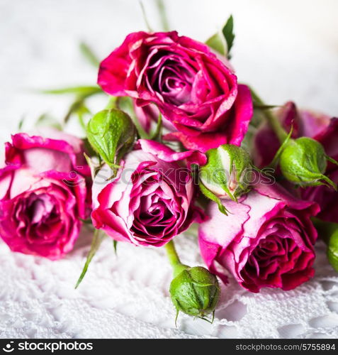 Pink roses over crochet doily. Vintage decor concept. Pink roses