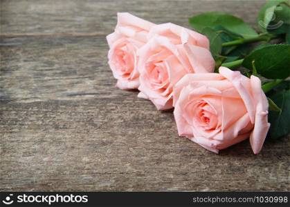 Pink roses over wooden table