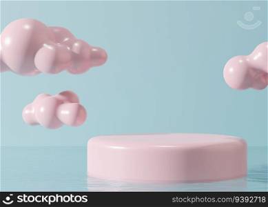 Pink, round podium with 3D clouds on blue background. Pastel colors. Stage for product, cosmetic presentation. Minimalist mock up. Pedestal, platform for beauty products. Empty scene. 3D render. Pink, round podium with 3D clouds on blue background. Pastel colors. Stage for product, cosmetic presentation. Minimalist mock up. Pedestal, platform for beauty products. Empty scene. 3D render.