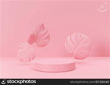 Pink round podium with tropical leaves on pink background. Podium for product, cosmetic presentation. Mock up. Pedestal or platform for beauty products. Empty scene. 3D rendering. Pink round podium with tropical leaves on pink background. Podium for product, cosmetic presentation. Mock up. Pedestal or platform for beauty products. Empty scene. 3D rendering.
