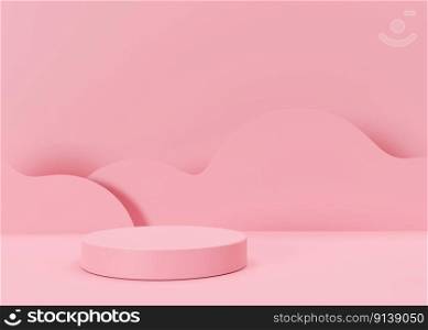 Pink round podium with waves on pink background. Podium for product, cosmetic presentation. Mock up. Pedestal or platform for beauty products. Empty scene. 3D rendering. Pink round podium with waves on pink background. Podium for product, cosmetic presentation. Mock up. Pedestal or platform for beauty products. Empty scene. 3D rendering.