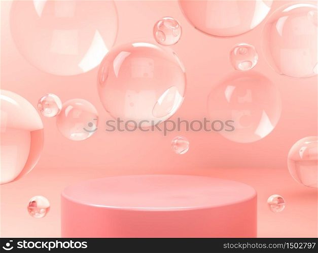 Pink round stage, pedestal or podium and water and glass bubbles or spheres in pink studio. 3D render. Background or mockup for cosmetics or fashion. Use for product identity, branding and presenting. Place your object or product on pedestal. 3d render. Pink round stage, pedestal or podium and water and glass bubbles or spheres in pink studio. 3D illustration. Background or mockup for cosmetics or fashion. Use for product identity, branding and presenting. Place your object or product on pedestal.