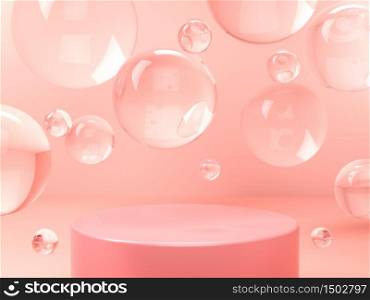 Pink round stage, pedestal or podium and water and glass bubbles or spheres in pink studio. 3D render. Background or mockup for cosmetics or fashion. Use for product identity, branding and presenting. Place your object or product on pedestal. 3d render. Pink round stage, pedestal or podium and water and glass bubbles or spheres in pink studio. 3D illustration. Background or mockup for cosmetics or fashion. Use for product identity, branding and presenting. Place your object or product on pedestal.