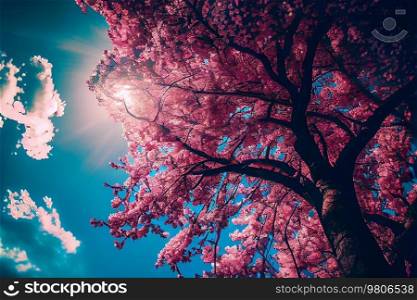 Pink Sakura Tree Against Blue Cloudy Background Illustration Generative AI 