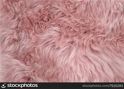 Pink sheepskin rug background. Wool texture. Close up sheep fur