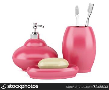pink soap and toothbrushes isolated on white background