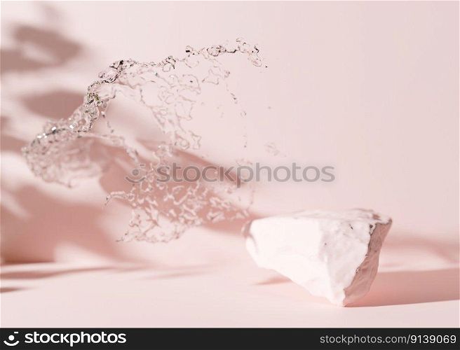 Pink stone with shadows of leaves and water splash on pink background. Mock up for product, cosmetic presentation. Pedestal or platform for beauty products. Empty scene. 3D rendering. Pink stone with shadows of leaves and water splash on pink background. Mock up for product, cosmetic presentation. Pedestal or platform for beauty products. Empty scene. 3D rendering.