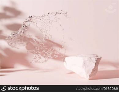 Pink stone with shadows of leaves and water splash on pink background. Mock up for product, cosmetic presentation. Pedestal or platform for beauty products. Empty scene. 3D rendering. Pink stone with shadows of leaves and water splash on pink background. Mock up for product, cosmetic presentation. Pedestal or platform for beauty products. Empty scene. 3D rendering.