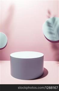 Pink studio background for product placement or display with a circular plinth in front of two blank round wall plaques with the shadows of palm tree fronds