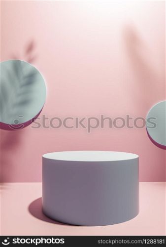 Pink studio background for product placement or display with a circular plinth in front of two blank round wall plaques with the shadows of palm tree fronds. Minimal summer concept with copy space.