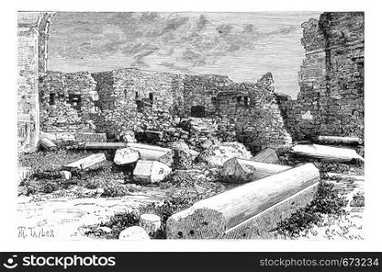 Pink Syenite Columns of the Crusader Cathedral Ruins in Tyre, Lebanon, vintage engraved illustration. Le Tour du Monde, Travel Journal, 1881