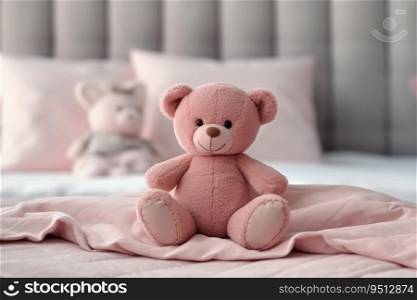 Pink teddy bear sitting on a bed with pillows and a blanket. Teddy bear sitting on the bed