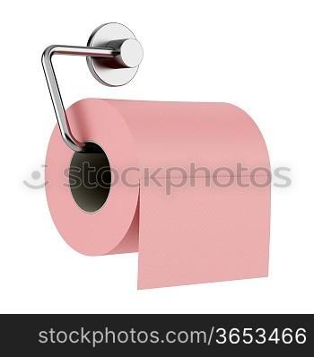 pink toilet paper on holder isolated on white background