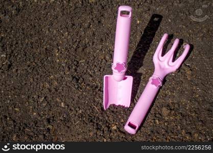 pink tools on the ground. Concept Gardening and Agriculture. Mockup. pink gardening tools on the ground