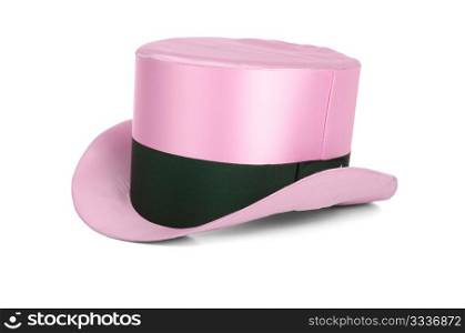 Pink top hat with brown dark ribbon on white background.