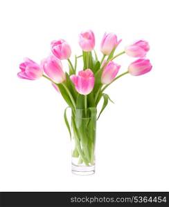 Pink tulips bouquet in vase isolated on white background