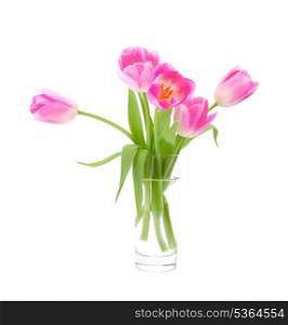 Pink tulips bouquet in vase isolated on white background