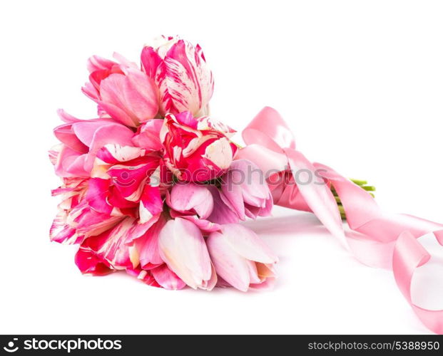 Pink tulips bouquet with ribbon isolated on white background