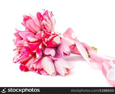 Pink tulips bouquet with ribbon isolated on white background