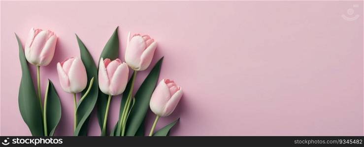 Pink tulips flowers on pink background. Spring greeting card. Flat lay, top view. Copy space for text. Generative AI