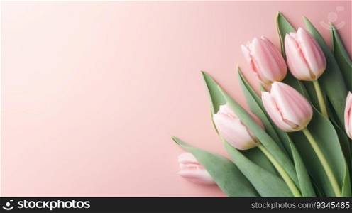 Pink tulips in a curved line on a soft pastel pink background with copy space. Created using AI Generated technology and image editing software.