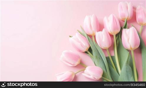 Pink tulips on a pale pink background with copy space. Created using AI Generated technology and image editing software.