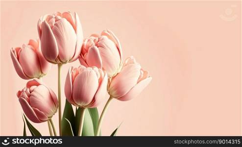 pink tulips spring flower background with copy space for valentines day, womens day or easter. pink tulips spring flower background - generative AI