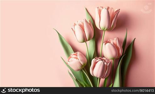 pink tulips spring flower background with copy space for valentines day, womens day or easter. pink tulips spring flower background - generative AI