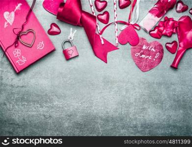 Pink Valentines day background with various decoration for greeting and handwritten text with love, top view, border. Love symbols concept