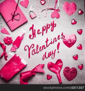 Pink Valentines day card with various greeting decoration: heats, balloons, ribbon, lock and key , diary book and handwritten text Happy Valentines day, top view