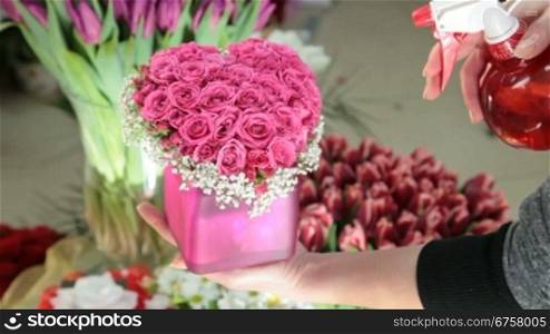 Pink Valentines Day Rose Heart Bouquet In Flower Shop
