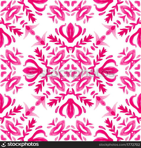 Pink Watercolor handdrawn seamless geometric pattern tile design surface. Seamless pattern handdrawn watercolor ornament pink and white with floral elements