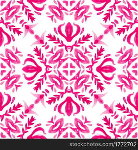 Pink Watercolor handdrawn seamless geometric pattern tile design surface. Seamless pattern handdrawn watercolor ornament pink and white with floral elements